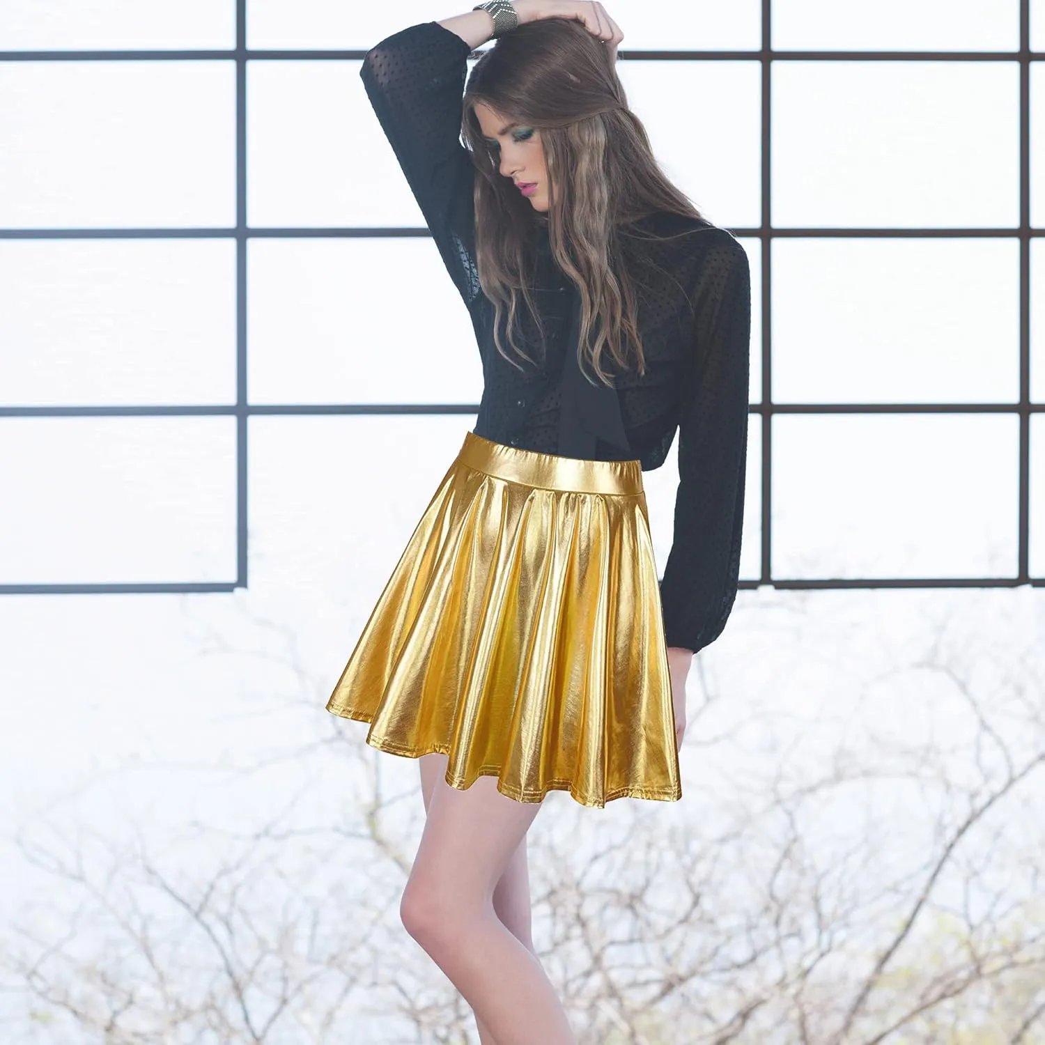 UTTPLL Women's Shiny Flared Metallic Holographic Pleated Mini Skater Skirt High Waist Costome Pleated Skirt