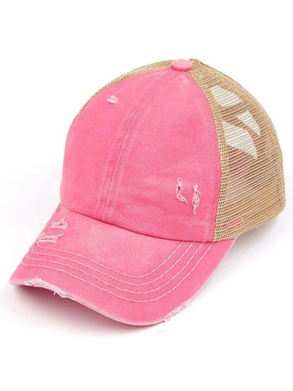 Washed Denim Ponytail Hat with Crossed Band in Pink