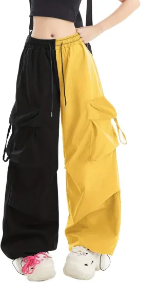 Women Cargo Pants Patchwork Y2K Streetwear Baggy Drawstring Elastic Parachute Pants