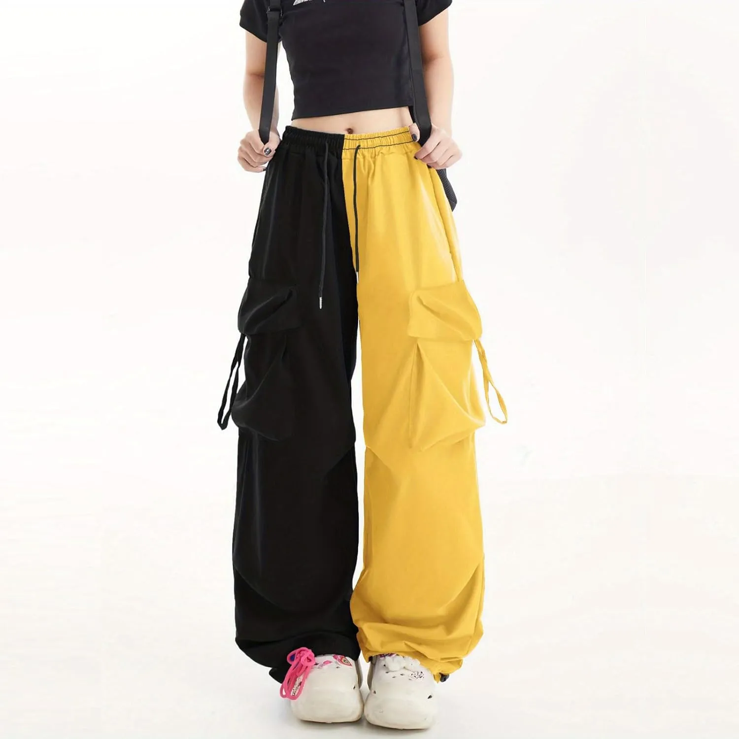 Women Cargo Pants Patchwork Y2K Streetwear Baggy Drawstring Elastic Parachute Pants