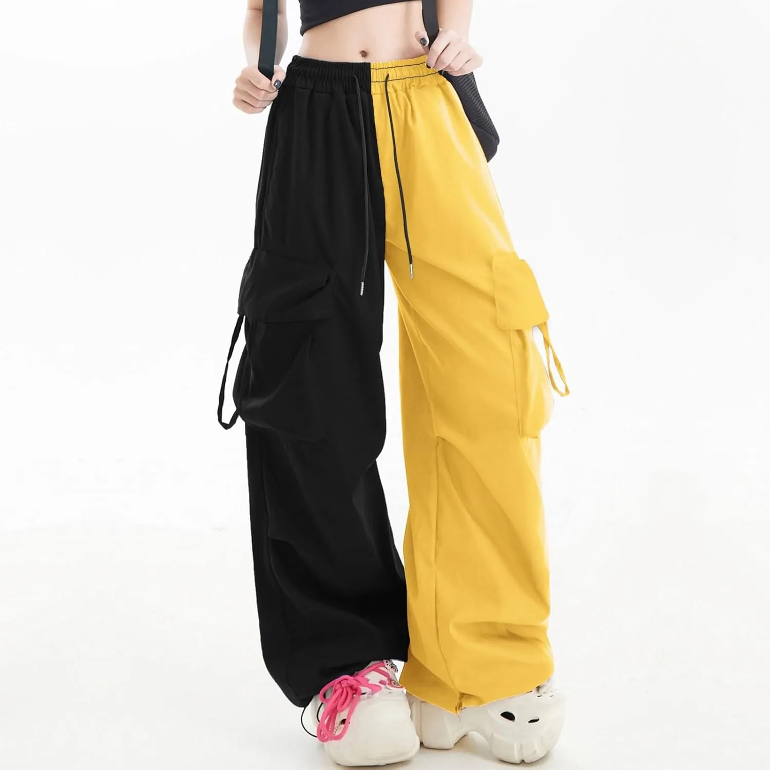 Women Cargo Pants Patchwork Y2K Streetwear Baggy Drawstring Elastic Parachute Pants