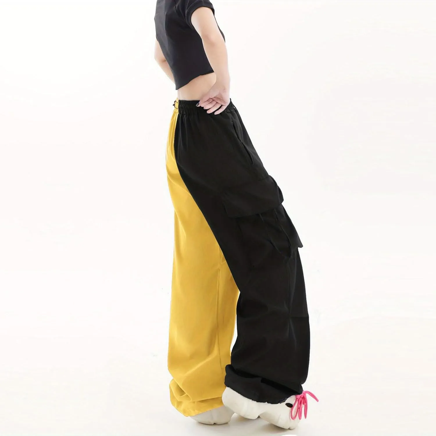 Women Cargo Pants Patchwork Y2K Streetwear Baggy Drawstring Elastic Parachute Pants
