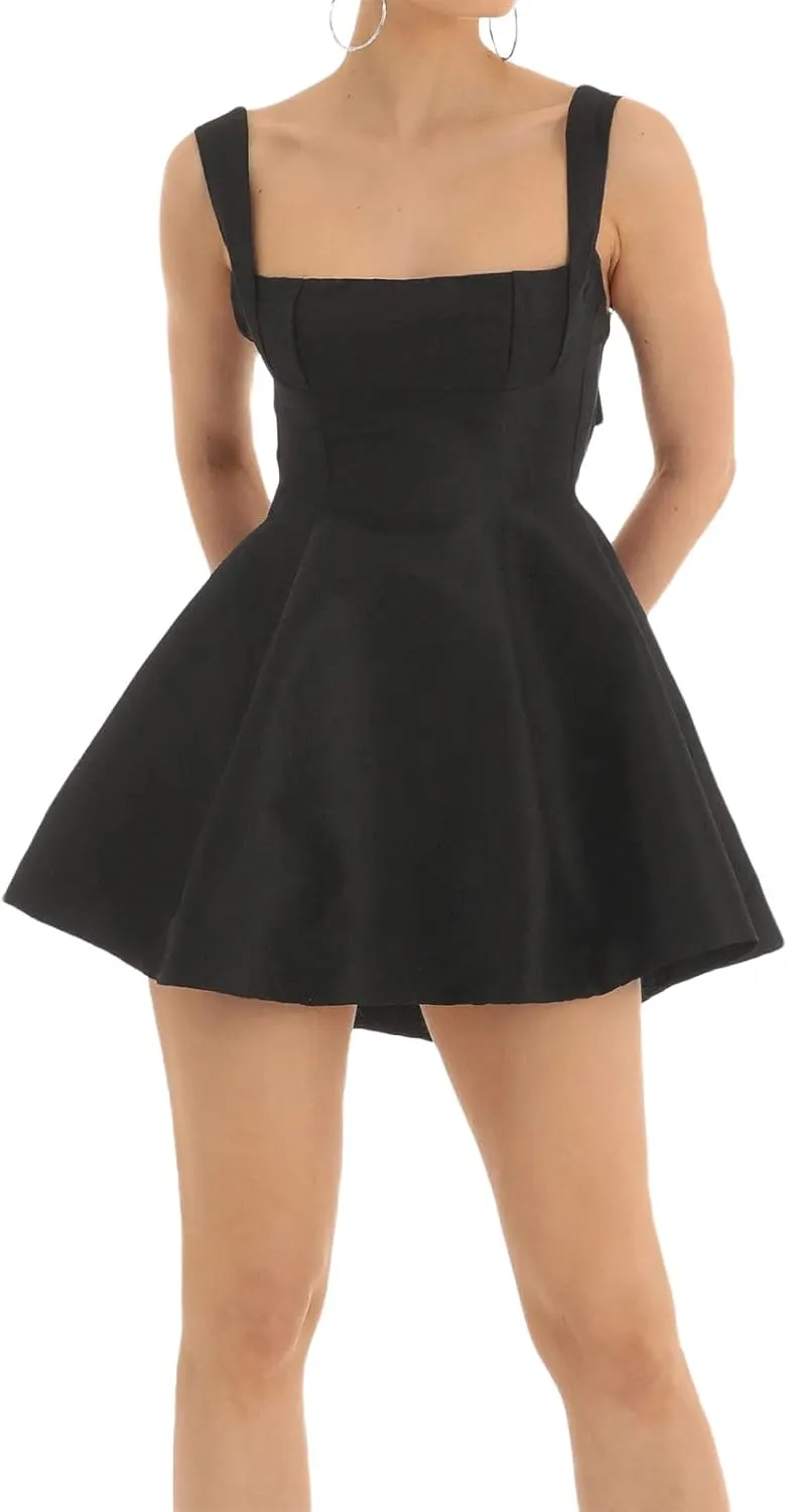 Women Square Neck Sleeveless Mini Dress Backless Bow Knot Tie Back Spaghetti Strap A Line Graduate Dress