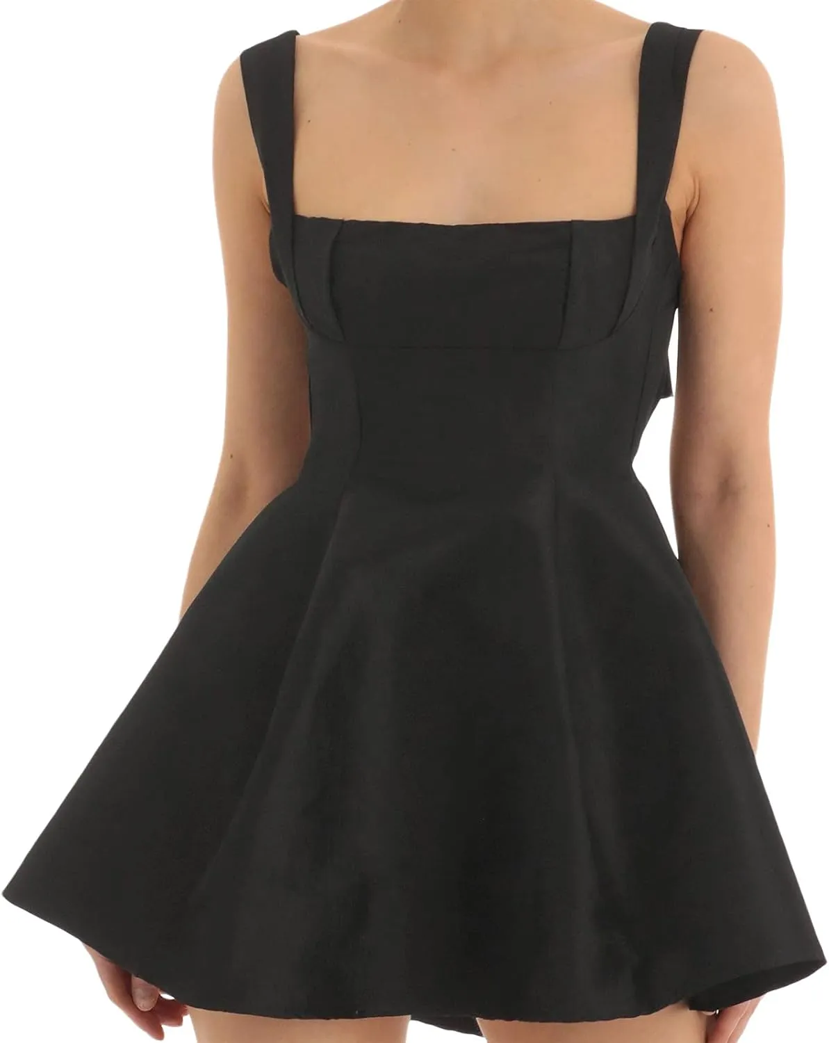 Women Square Neck Sleeveless Mini Dress Backless Bow Knot Tie Back Spaghetti Strap A Line Graduate Dress