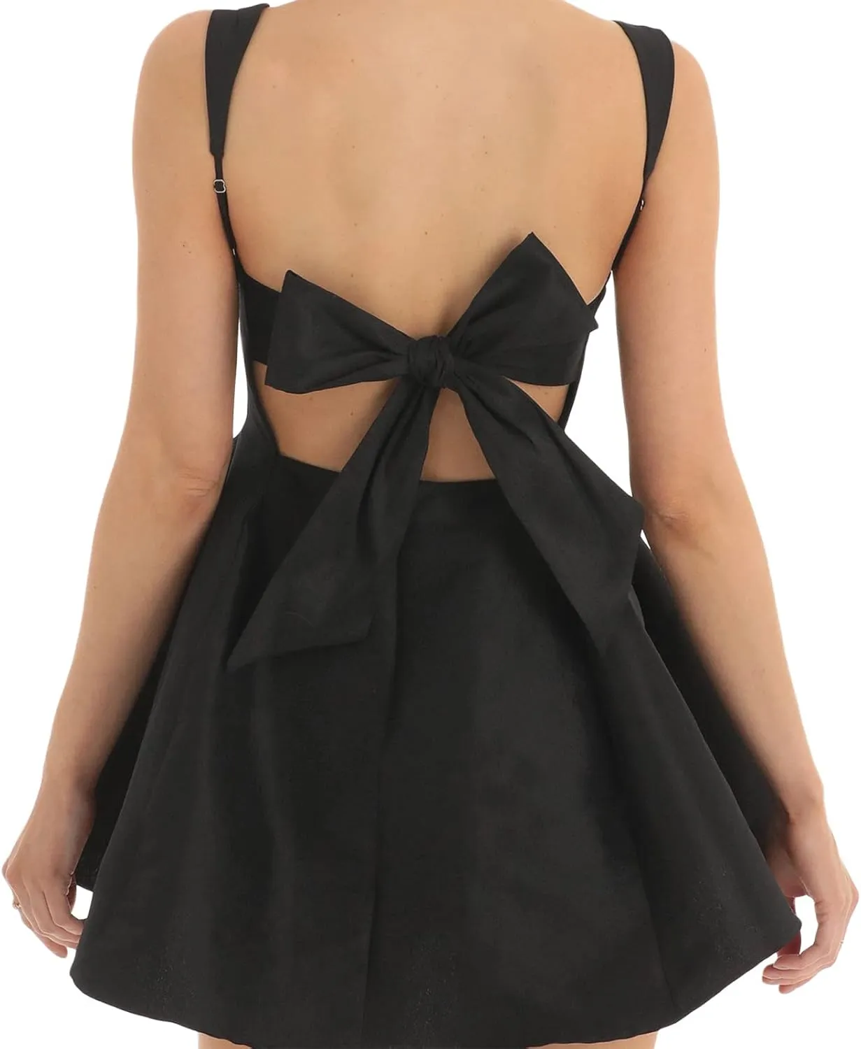 Women Square Neck Sleeveless Mini Dress Backless Bow Knot Tie Back Spaghetti Strap A Line Graduate Dress