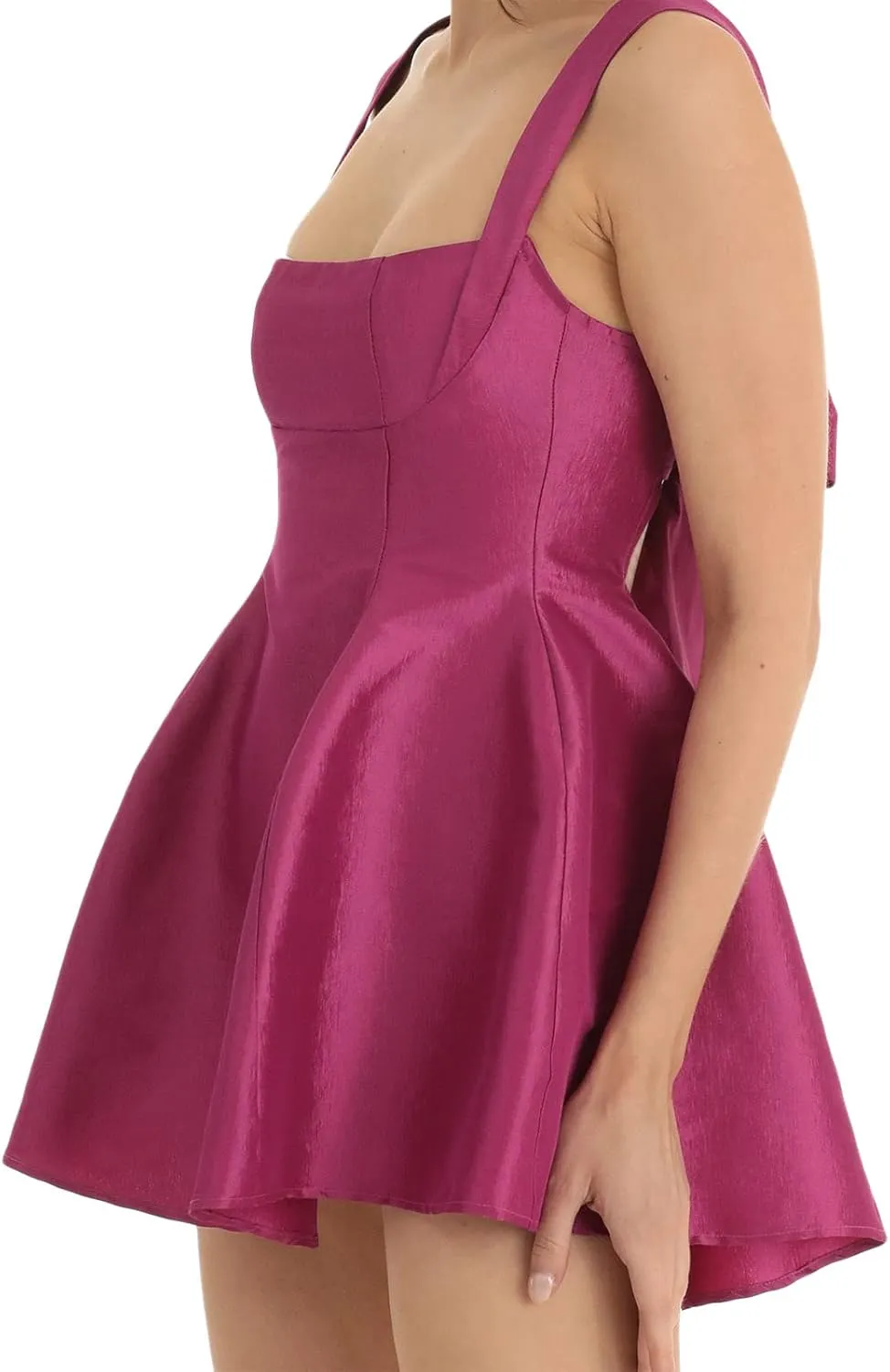 Women Square Neck Sleeveless Mini Dress Backless Bow Knot Tie Back Spaghetti Strap A Line Graduate Dress