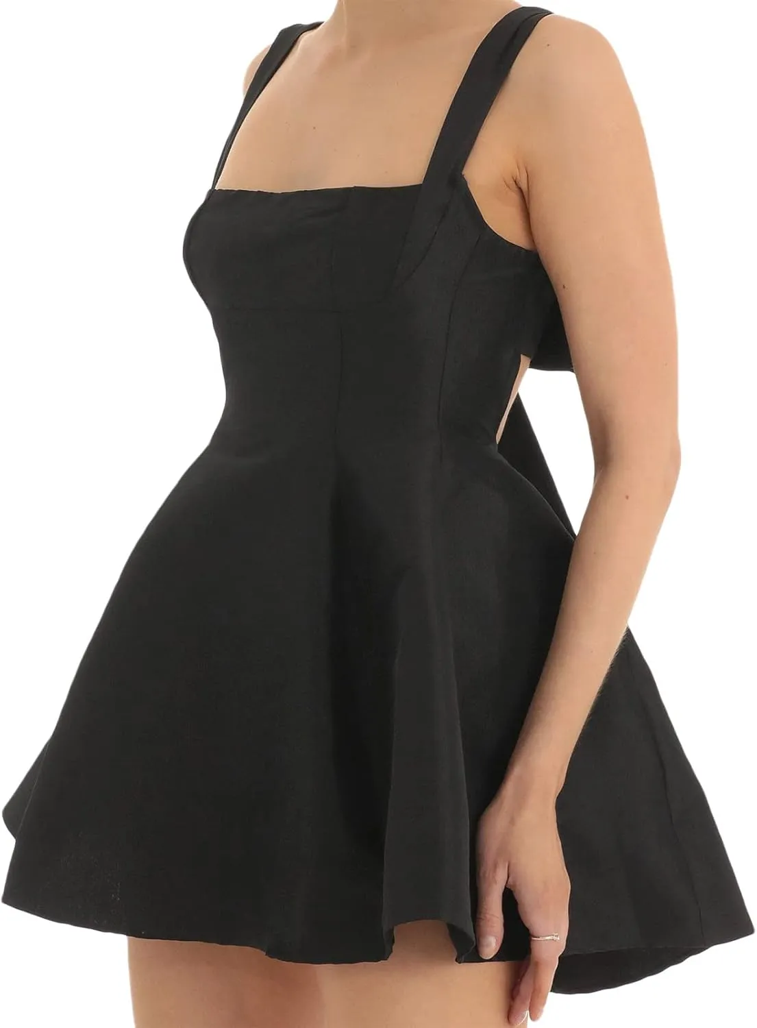 Women Square Neck Sleeveless Mini Dress Backless Bow Knot Tie Back Spaghetti Strap A Line Graduate Dress
