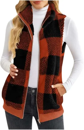 Womens Fashion Plaid Fleece Vest Casual Fuzzy Sleeveless Fuzzy Sherpa Vest Fluffy Zipper Jacket Warm Outerwear