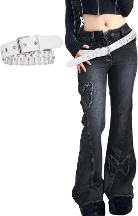 Womens Petite Flare Jeans Y2K Butterfly Low Rise Denim Pants Vintage Grunge Distressed Baggy Jeans