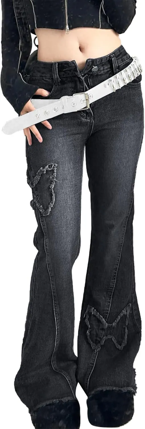 Womens Petite Flare Jeans Y2K Butterfly Low Rise Denim Pants Vintage Grunge Distressed Baggy Jeans