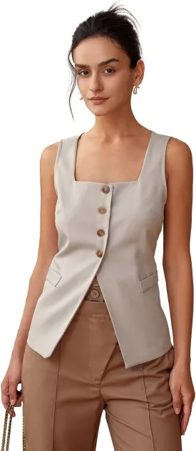 Women's Solid Color Square Neck Single Breasted Tank Top for Summer