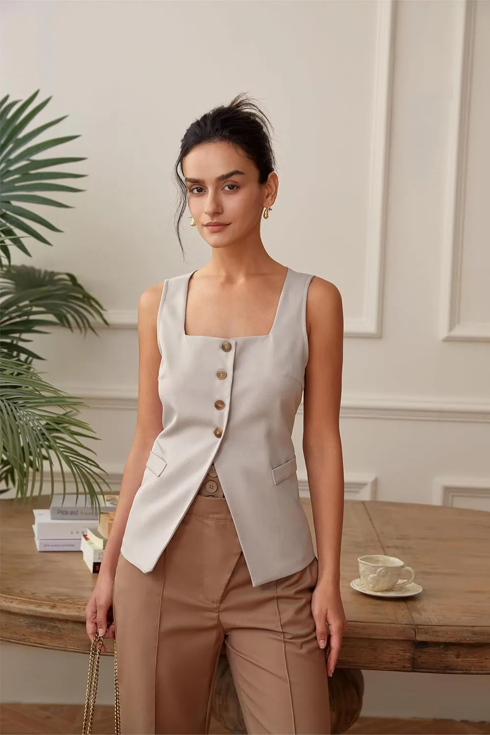 Women's Solid Color Square Neck Single Breasted Tank Top for Summer