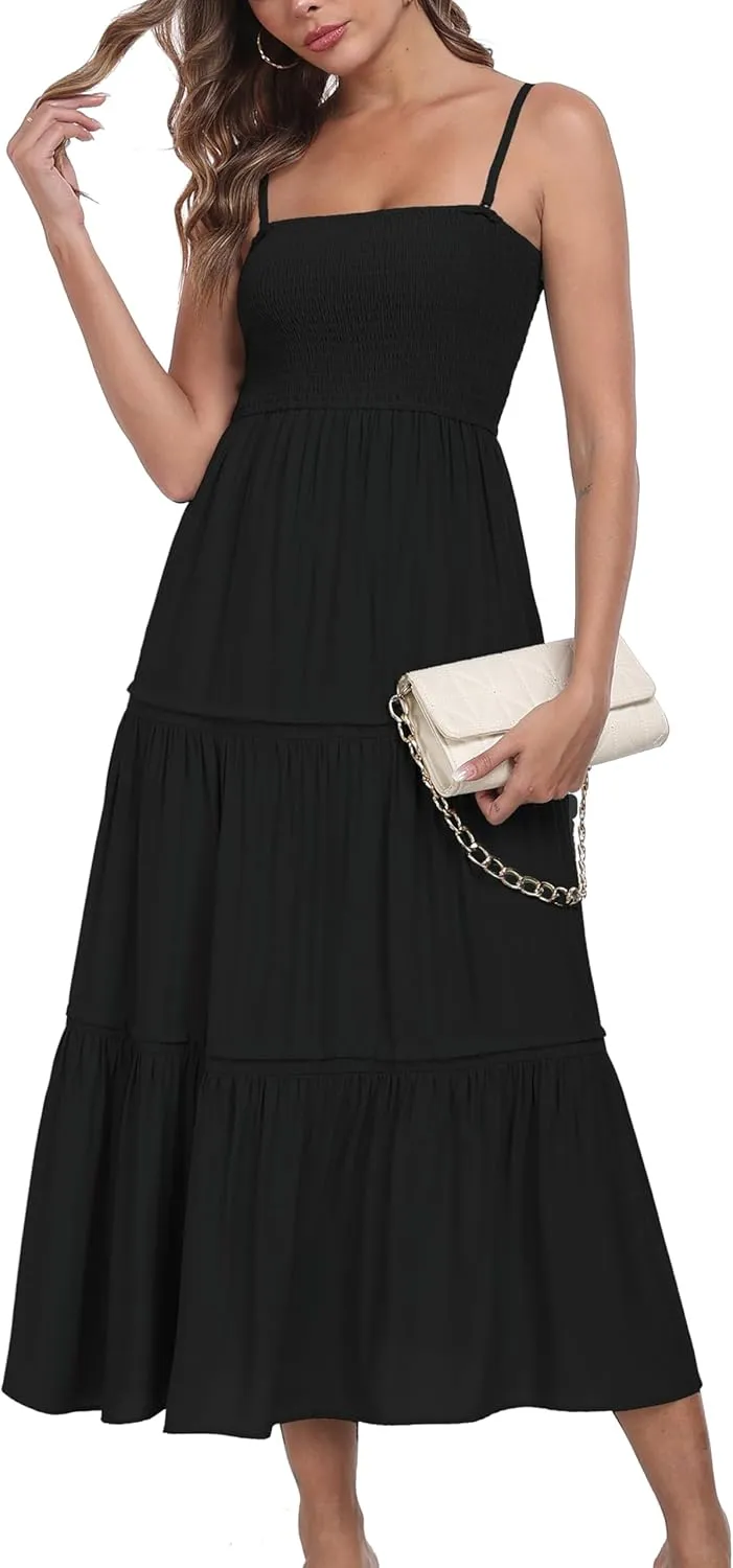 Women's Summer Maxi Dress Casual Boho Sleeveless Strapless Smocked Tiered Long Sun Dresses