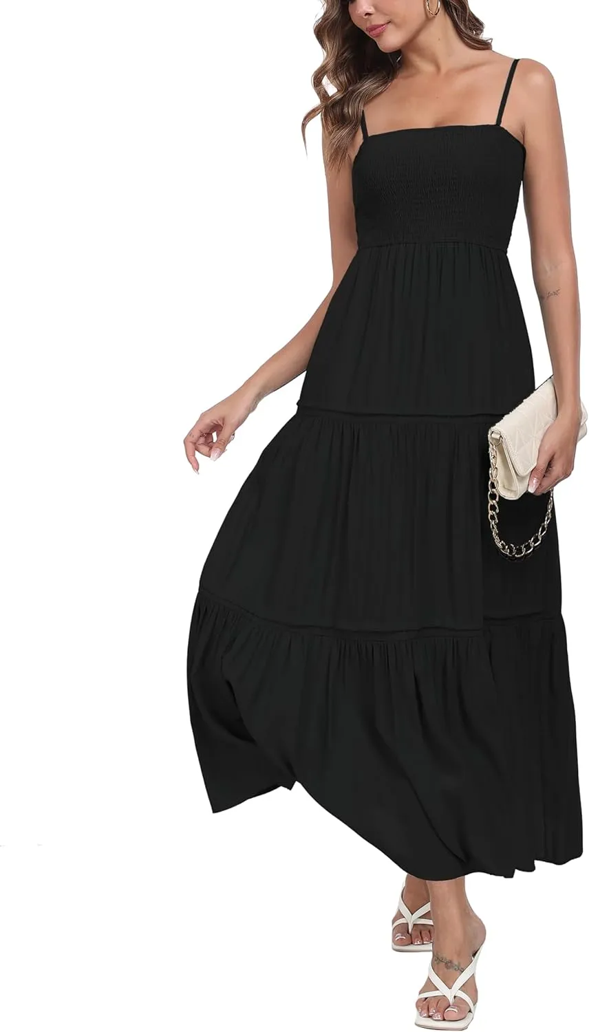 Women's Summer Maxi Dress Casual Boho Sleeveless Strapless Smocked Tiered Long Sun Dresses