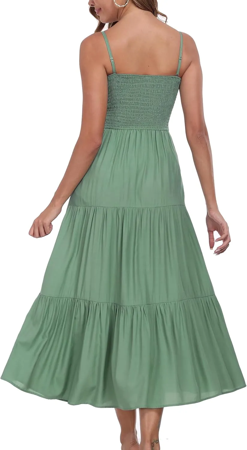 Women's Summer Maxi Dress Casual Boho Sleeveless Strapless Smocked Tiered Long Sun Dresses