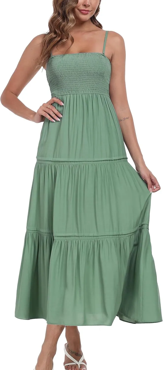 Women's Summer Maxi Dress Casual Boho Sleeveless Strapless Smocked Tiered Long Sun Dresses
