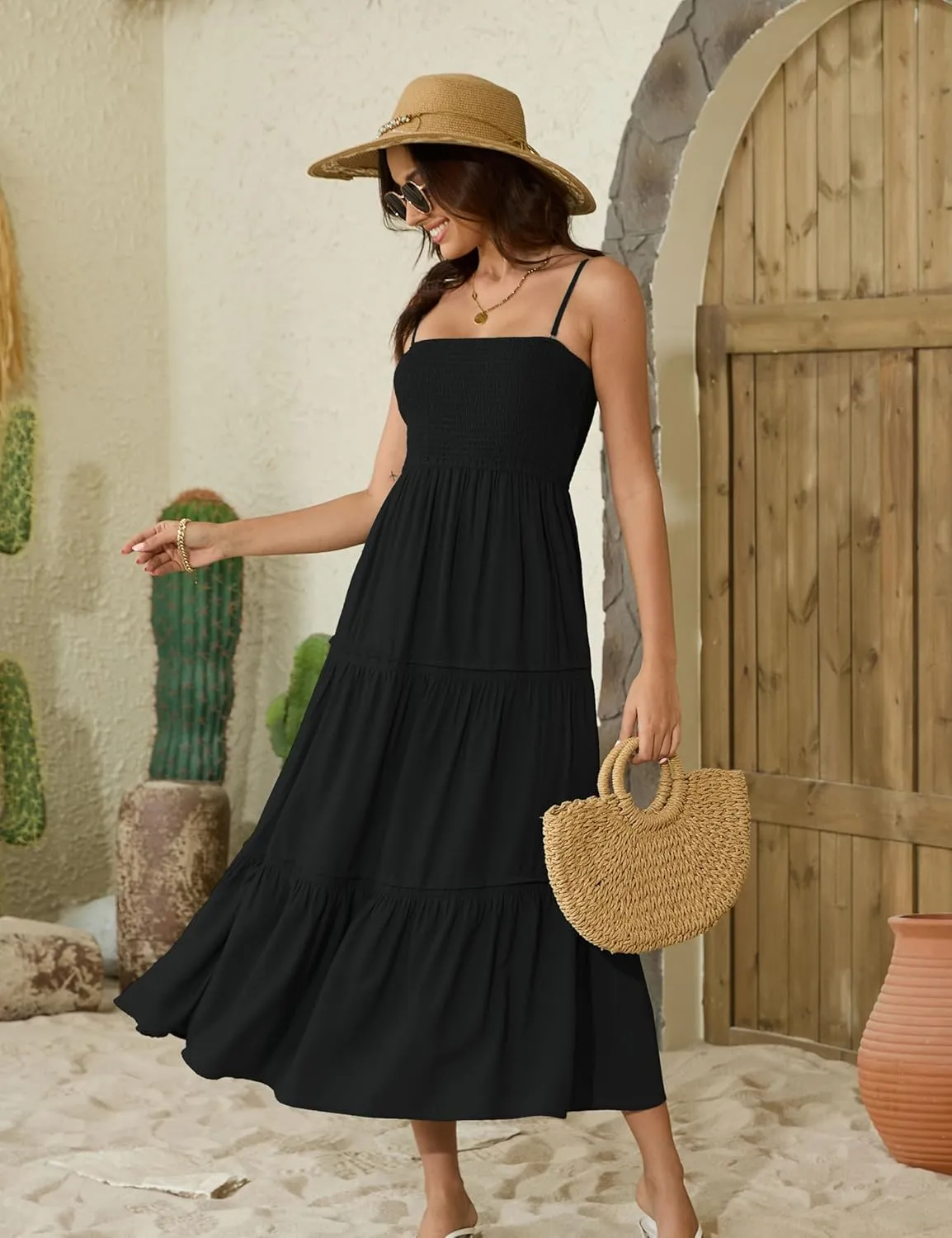 Women's Summer Maxi Dress Casual Boho Sleeveless Strapless Smocked Tiered Long Sun Dresses