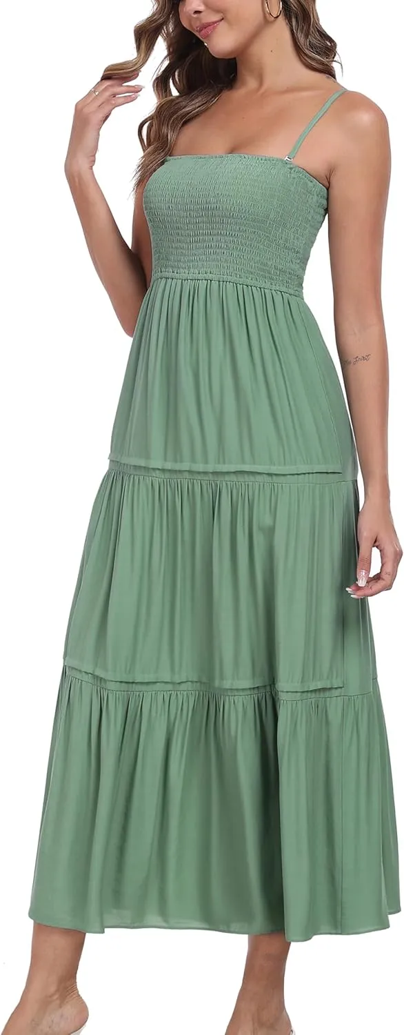 Women's Summer Maxi Dress Casual Boho Sleeveless Strapless Smocked Tiered Long Sun Dresses