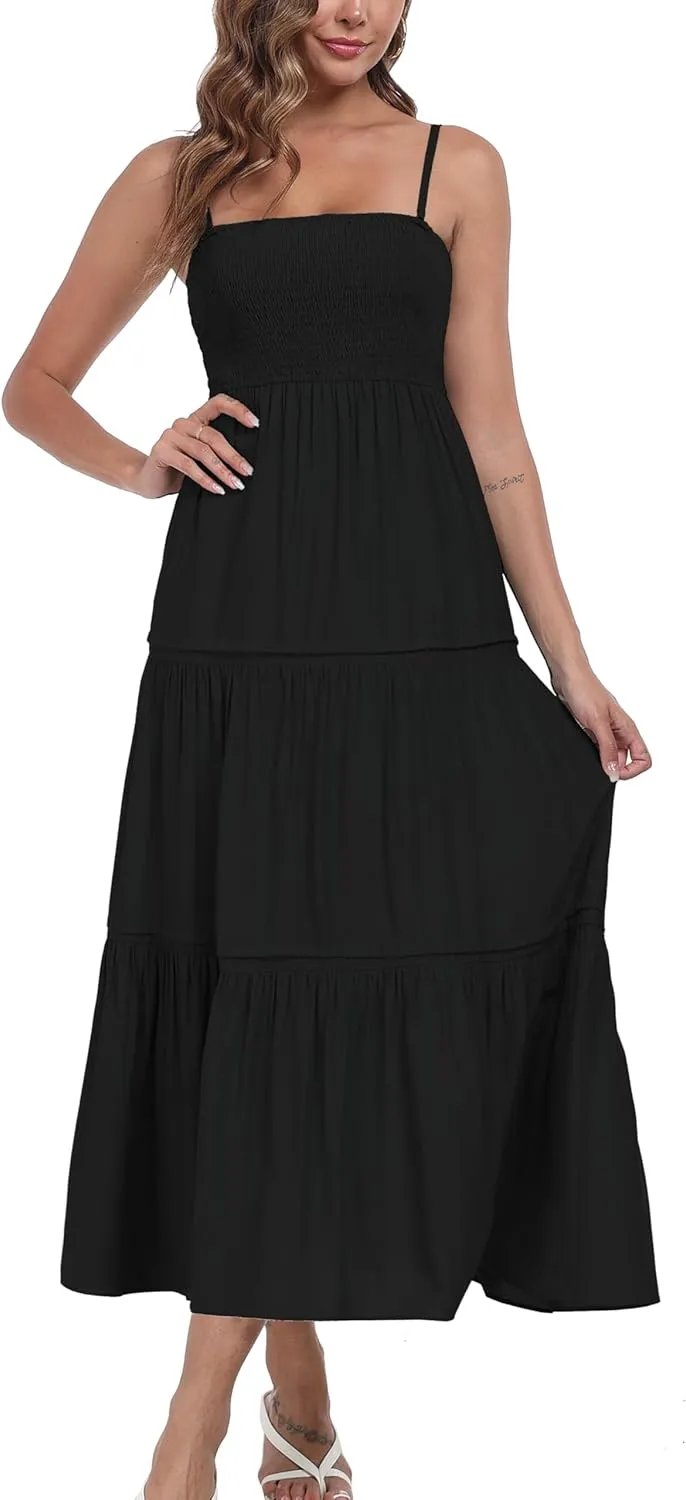 Women's Summer Maxi Dress Casual Boho Sleeveless Strapless Smocked Tiered Long Sun Dresses