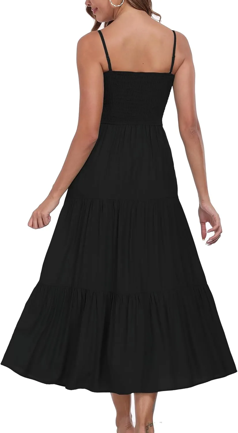 Women's Summer Maxi Dress Casual Boho Sleeveless Strapless Smocked Tiered Long Sun Dresses