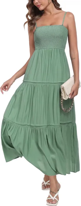 Women's Summer Maxi Dress Casual Boho Sleeveless Strapless Smocked Tiered Long Sun Dresses