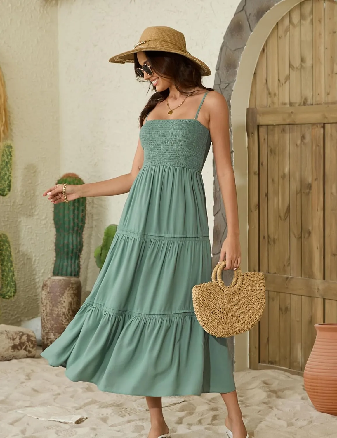 Women's Summer Maxi Dress Casual Boho Sleeveless Strapless Smocked Tiered Long Sun Dresses