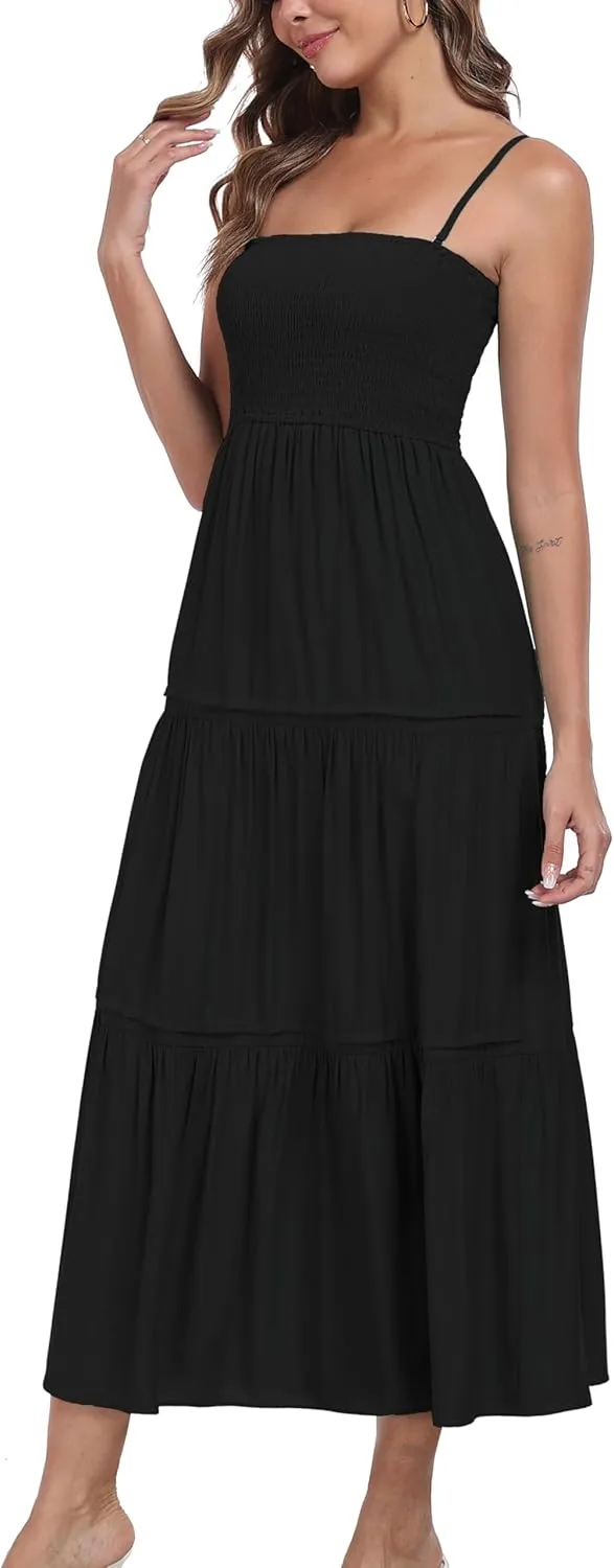 Women's Summer Maxi Dress Casual Boho Sleeveless Strapless Smocked Tiered Long Sun Dresses