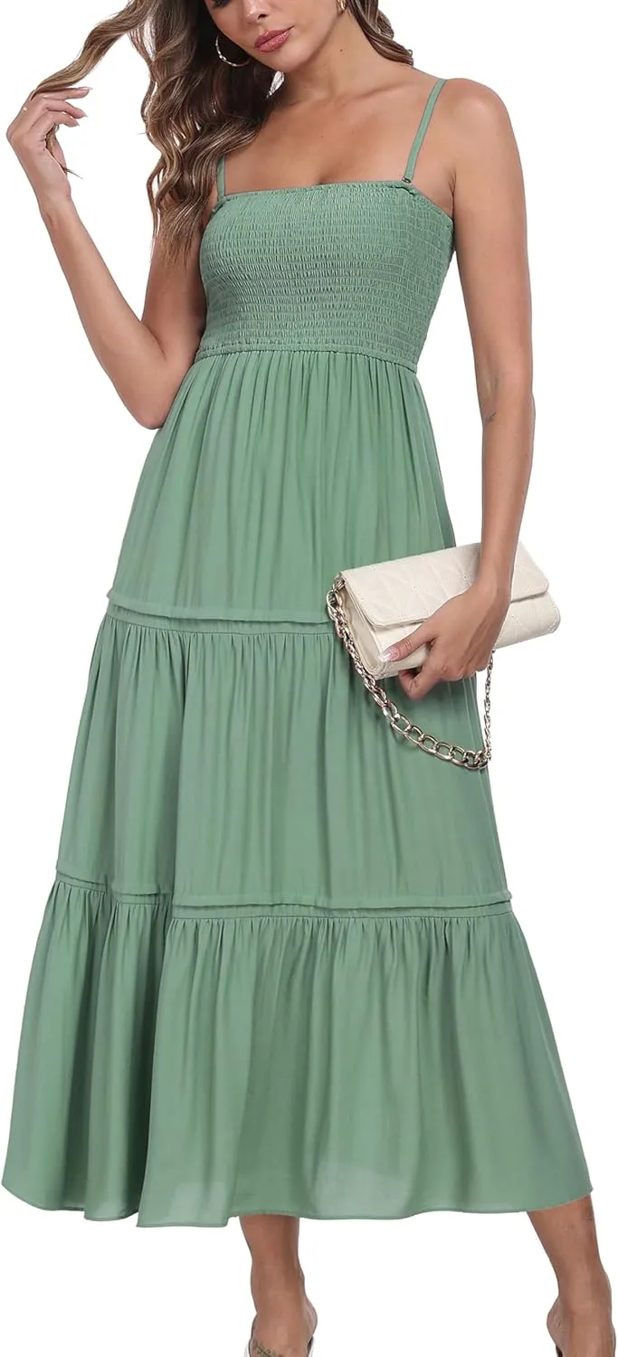 Women's Summer Maxi Dress Casual Boho Sleeveless Strapless Smocked Tiered Long Sun Dresses
