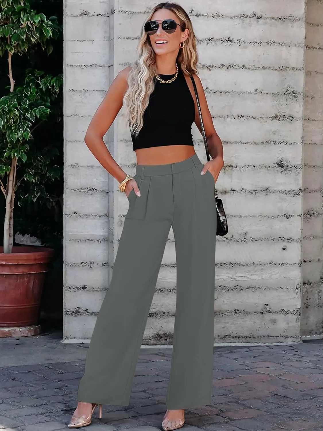 Women's Wide Leg Dress Pants High Waisted Business Casual Trousers Dressy Work Office Pants with Pockets
