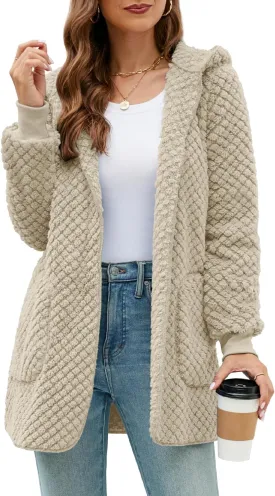 Yanekop Womens Fuzzy Fleece Jacket Open Front Hooded Cardigan Sherpa Outerwear Warm Coats with Pockets