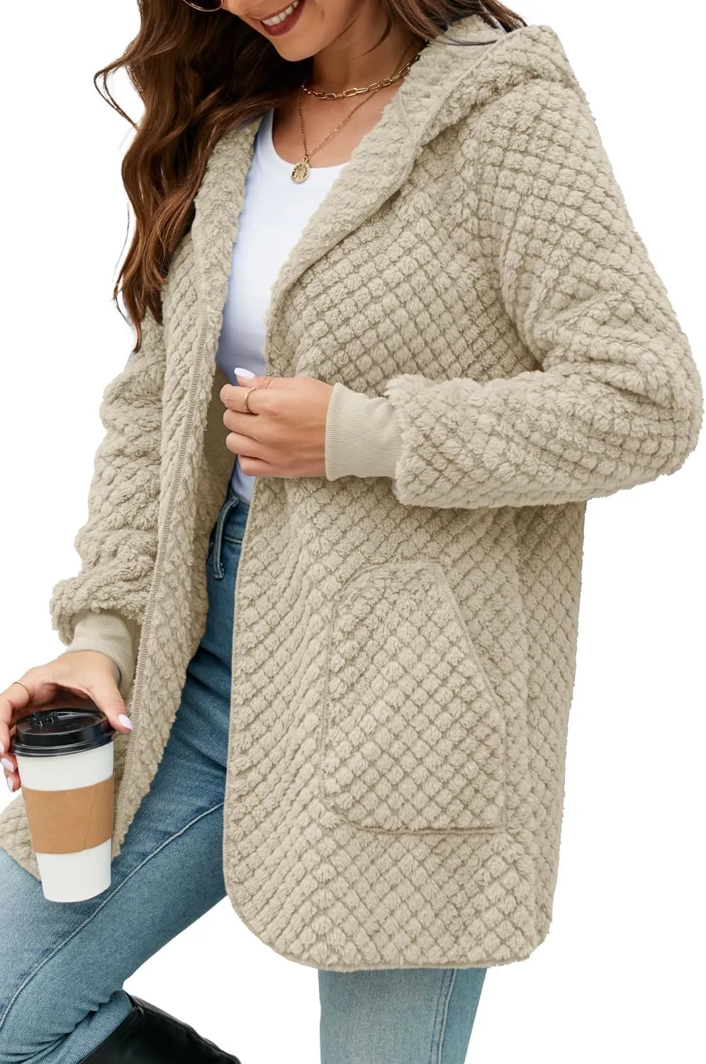 Yanekop Womens Fuzzy Fleece Jacket Open Front Hooded Cardigan Sherpa Outerwear Warm Coats with Pockets