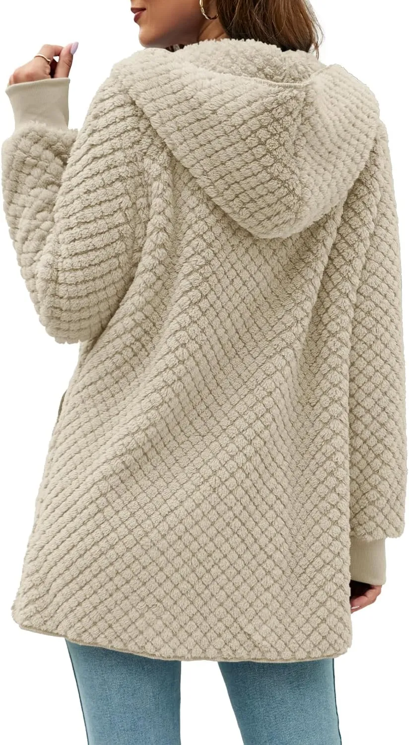 Yanekop Womens Fuzzy Fleece Jacket Open Front Hooded Cardigan Sherpa Outerwear Warm Coats with Pockets