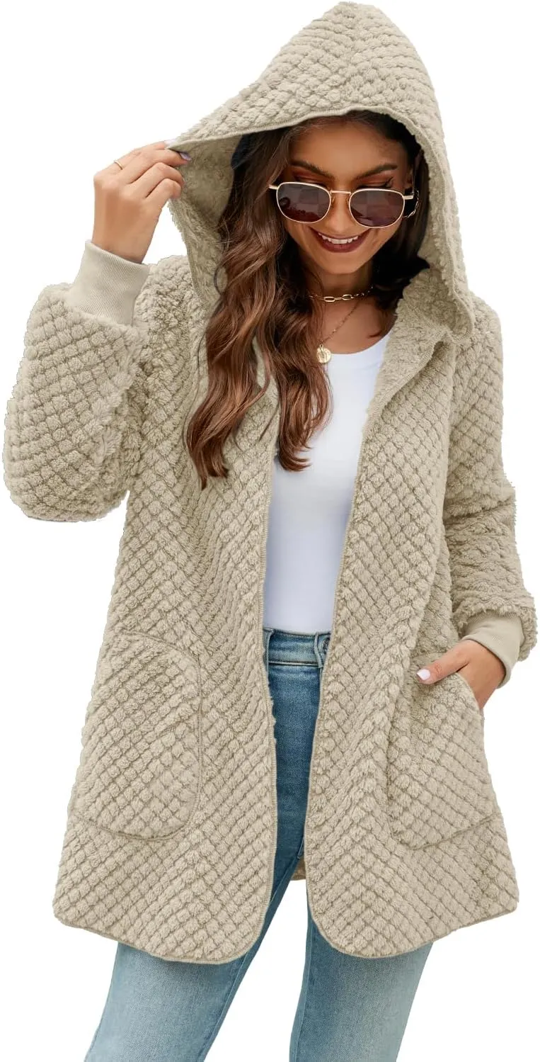 Yanekop Womens Fuzzy Fleece Jacket Open Front Hooded Cardigan Sherpa Outerwear Warm Coats with Pockets