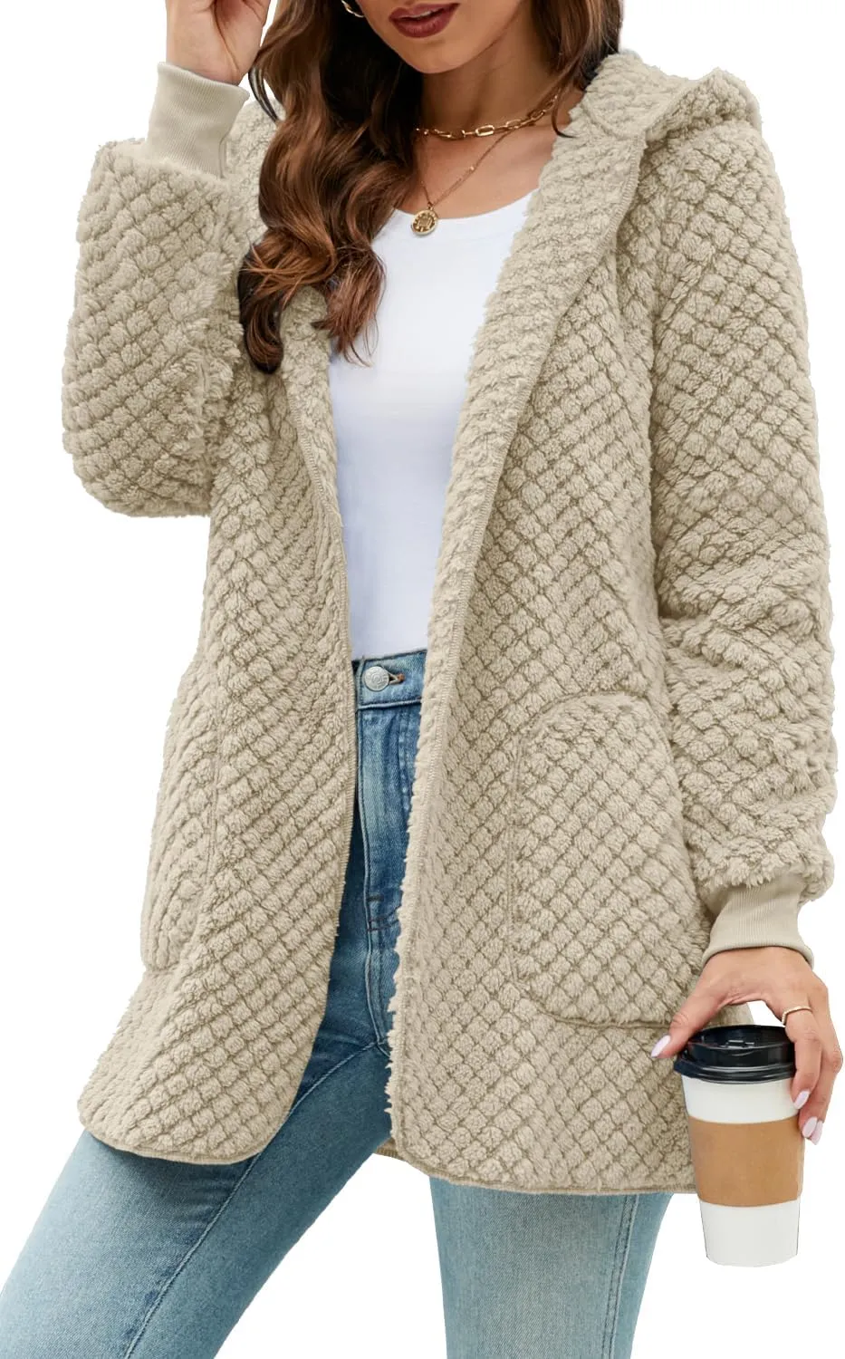 Yanekop Womens Fuzzy Fleece Jacket Open Front Hooded Cardigan Sherpa Outerwear Warm Coats with Pockets